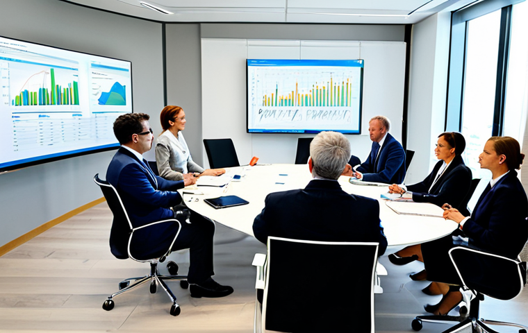 A diverse group of professionals, including NPO representatives and government officials, engaging in a collaborative meeting. They are seated around a sleek conference table in a modern, sunlit meeting room. On a large monitor, data visualizations and charts are displayed, indicating a data-driven approach to policy discussions. All individuals are fully clothed in professional business attire, demonstrating teamwork and mutual respect. The atmosphere is innovative and forward-thinking. Perfect anatomy, correct proportions, natural pose, well-formed hands, proper finger count, natural body proportions. Safe for work, appropriate content, fully clothed, professional dress, high quality, professional photography.
