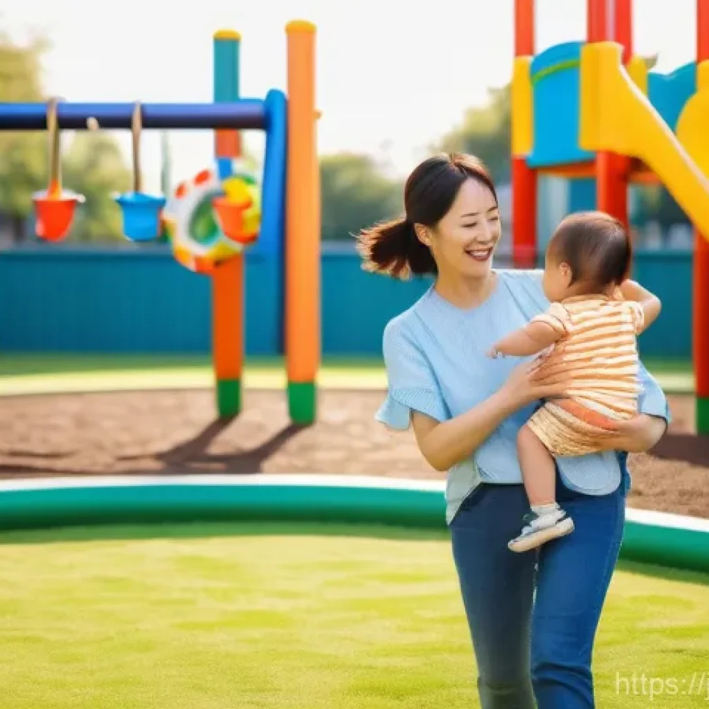 공공정책과 경제정책의 관계 - A cheerful Japanese mother in her early 30s, dressed in comfortable, modest casual wear, is gently h...