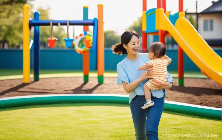 공공정책과 경제정책의 관계 - A cheerful Japanese mother in her early 30s, dressed in comfortable, modest casual wear, is gently h...