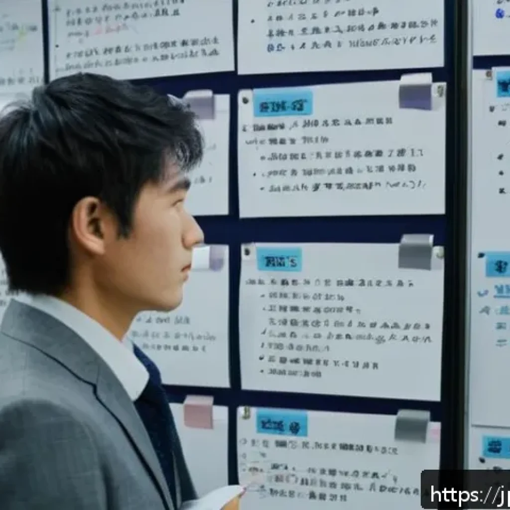 공공정책 전문가 이직 준비 팁 - A modern Japanese office scene with a young professional in business casual attire carefully writing...