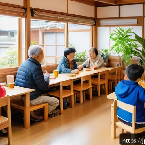 공공정책 분야에서의 창업 아이디어 - A vibrant community café scene in a modern Japanese neighborhood, featuring a diverse group of peopl...