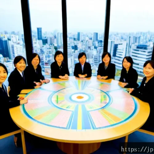 공공정책 분야에서의 경영 전략 - Photorealistic strategic public policy workshop in a modern Japanese municipal government office, di...