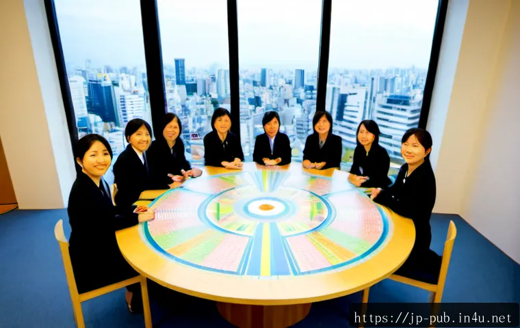 공공정책 분야에서의 경영 전략 - Photorealistic strategic public policy workshop in a modern Japanese municipal government office, di...