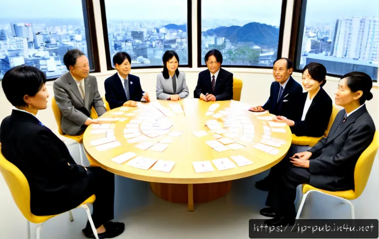 공공정책 협력 네트워크 구축 - Photorealistic public policy collaboration meeting in a modern Japanese municipal conference room, d...